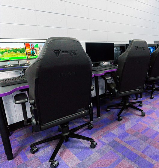 Row of high-backed Secretlab gaming chairs in front of desktop gaming stations with monitors and keyboards, set on a purple and red patterned carpet in an esports classroom or lab.
