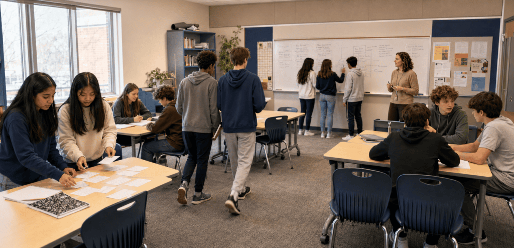 Secondary students move between learning stations, collaborate at tables, and work at a whiteboard with their teacher.