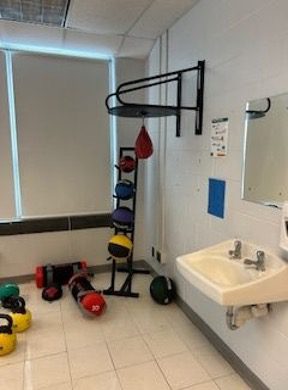 Wall-mounted pull-up bar with a hanging speed bag above a tower of colorful medicine balls, next to a sink in a school workout room.